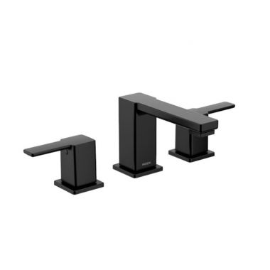 Click here to see Moen TS6721BL Moen 90 Degree Two-Handle Low Arc Matte Black Bathroom Sink Faucet with Red/Blue Indicator, M-PACT, Duralock, 1.2 GPM, Lever Handle, Three-Hole - TS6721BL