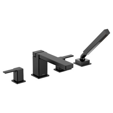 Click here to see Moen TS914BL Moen 90 Degree Two-Handle Roman Tub Faucet with 1.75 GPM Single-Function Hand Shower, Lever Handles, Temperature Indicators, Matte Black - TS914BL