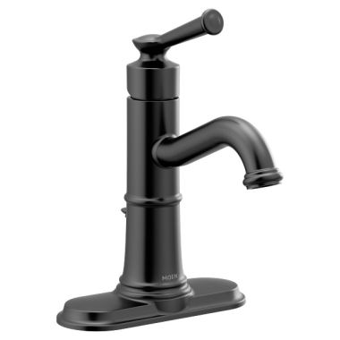 Click here to see Moen 6402BL Moen Belfield Single-Handle High Arc Matte Black Bathroom Faucet with Deckplate and Metal Pop-Up, 1.2 GPM, ADA Lever Handle, Single-Hole - 6402BL