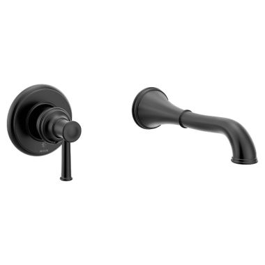 Click here to see Moen WT9021BL Moen Belfield Wall-Mount Non-Diverter Tub Faucet, 10in Ultrathin Tub Spout, Single Lever Handle, Temperature Indicator, 8 GPM, Matte Black - WT9021BL