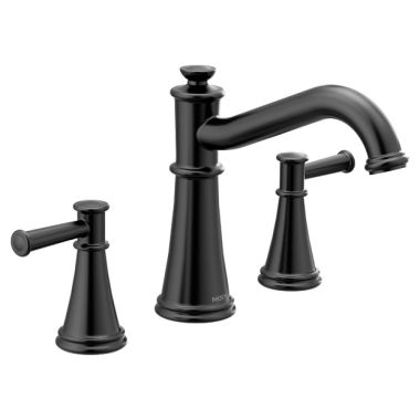 Click here to see Moen T9023BL Moen Belfield Two-Handle Metal Roman Tub Faucet, Lever Handles, 10in Center, Matte Black - T9023BL