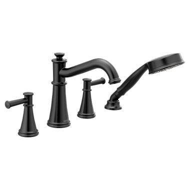 Click here to see Moen T9024BL Moen Belfield Two-Handle Roman Tub Faucet with 1.75 GPM Single-Function Hand Shower, 8in Center, Lever Handles, Matte Black - T9024BL