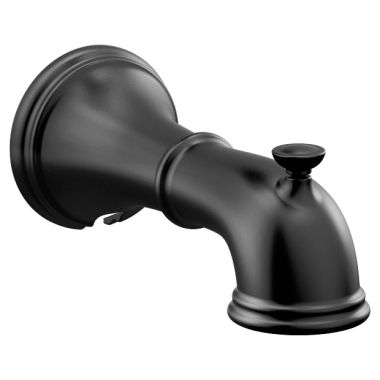 Click here to see Moen 185820BL Moen Belfield 7-3/4-inch Wall Mounted Matte Black Metal Tub Spout with Pull-Up Diverter, 1/2-inch Connection Size, Slip Fit - 185820BL