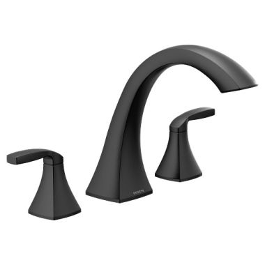 Click here to see Moen T693BL Moen Voss Two-Handle Roman Tub Faucet, High Arc Spout, Lever Handles with Temperature Indicators, Matte Black - T693BL