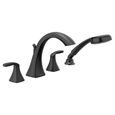 Click here to see Moen T694BL Moen Voss Roman Tub Faucet Trim w/ Hand Shower, High Arc Spout, Lever Handles, Matte Black - T694BL