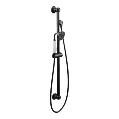 Click here to see Moen S12107EPBL Moen Weymouth 1-Function Handheld Shower w/ 30in Slide Bar, 1.75 GPM, Matte Black - S12107EPBL