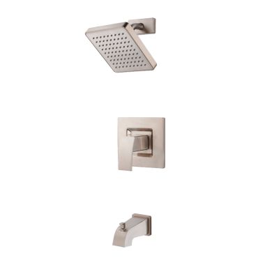 Click here to see Pfister LG89-8DFK Pfister Kenzo Single Lever Handle Brushed Nickel Tub and Shower Trim Kit with Raincan Showerhead, SecurePfit, 1.8GPM, Single Spray Function - LG89-8DFK