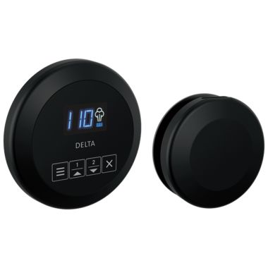 Click here to see Delta 5CH-250R-BL Delta SteamScape Round-Shaped Matte Black Steam Package with Patented Dual Sensor Technology, Digital Display, 2-User Presets - 5CH-250R-BL