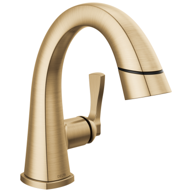 Click here to see Delta 577-CZPD-PR-DST Delta Stryke One-Handle Deck-Mount Pull Down Champagne Bronze Bathroom Faucet, 1.2 GPM, Lever Handle, Diamond Seal Technology, ADA - 577-CZPD-PR-DST
