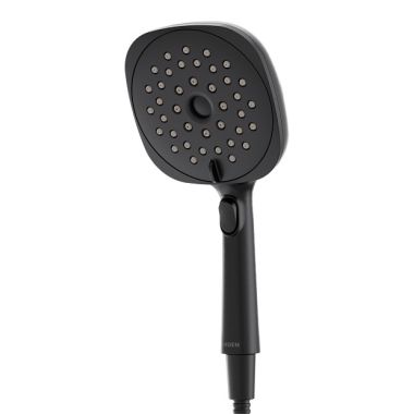 Click here to see Moen 220H5EPBL Moen Verso 5in Square Matte Black Single-Function Handheld Shower with Infiniti Dial, Magnetix Technology, Eco-Performance, 1.75 GPM - 220H5EPBL 