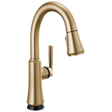 Click here to see Delta 9979TL-CZ-DST Delta Coranto Single Handle Pull-Down Bar/Prep Faucet, Touch2O, VoiceIQ, DIAMOND Seal, MagnaTite, ADA, 1.8 GPM, Champagne Bronze - 9979TL-CZ-DST