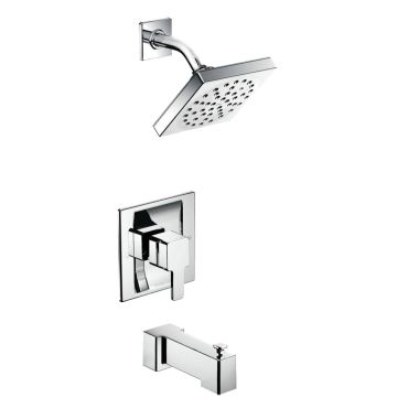 Click here to see Moen TS2713 Moen 90 Degree Posi-Temp Tub/Shower Faucet with 2.5 GPM Rainshower, 1-Function, Single Lever Handle, M-PACT, Immersion, Chrome - TS2713