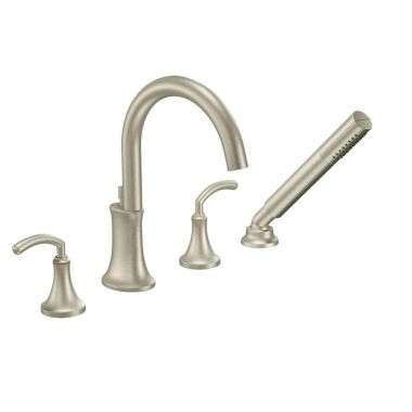 Click here to see Moen TS964BN Moen Icon Two-Handle Roman Tub Faucet Trim with 1.75 GPM One-Function Hand Shower, High Arc Spout, Lever Handles, M-PACT, Brushed Nickel - TS964BN