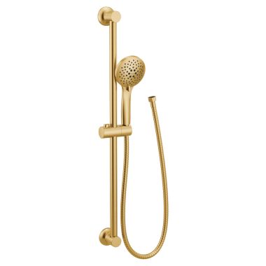 Click here to see Moen 3558EPBG Moen Eco-Performance Handheld Shower with Slide Bar, Round, Five-Funtion, 1.75 GPM, Brushed Gold - 3558EPBG