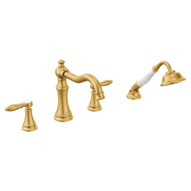 Click here to see Moen TS21104BG Moen Weymouth Diverter Roman Tub Faucet Trim with 1.75 GPM One-Function Hand Shower, WaterSense, Brushed Gold - TS21104BG
