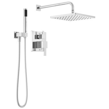 Click here to see Delta T342701 Delta Modern 10” Square Single Function Raincan Shower Faucet with Hand Shower, ADA, WaterSense, 1.75 GPM, Chrome - T342701