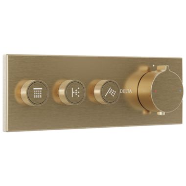 Click here to see Delta T67703-CZ Delta MagnaChoice High Flow Push Button Thermostatic Trim with Three Outlets, Champagne Bronze - T67703-CZ