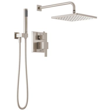 Click here to see Delta T342701-SP Delta Modern 10” Square Single Function Raincan Shower Faucet with Hand Shower, ADA, WaterSense, 1.75 GPM, Spotshield Brushed Nickel - T342701-SP