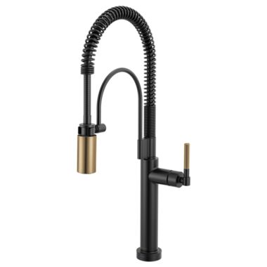 Click here to see Brizo 64343LF-BLGL Brizo Litze Smarttouch Semi-Pro Kitchen Faucet with Knurled Handle, MagneDock, DIAMOND Seal, 1.8 GPM, ADA, Matte Black/Brilliance Luxe Gold - 64343LF-BLGL