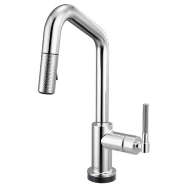 Click here to see Brizo 64963LF-PC Brizo Litze Smart Touch Pull-Down Prep Faucet With Angle Spout, Knurled Lever Handle, 1.8 GPM, Diamond Seal, MagneDock, Touch-Clean, Polished Chrome - 64963LF-PC