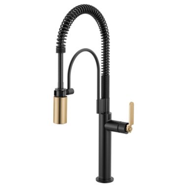 Click here to see Brizo 63344LF-BLGL Brizo Litze Semi-Professional Kitchen Faucet - Industrial Handle, MagneDock, 1.8 GPM, Matte Black/Brilliance Luxe Gold - 63344LF-BLGL