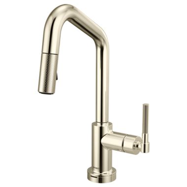 Click here to see Brizo 64963LF-PN Brizo Litze Smart Touch Pull-Down Prep Faucet With Angle Spout, Knurled Lever Handle, 1.8 GPM, Diamond Seal, MagneDock, Touch-Clean, Brilliance Polished Nickel - 64963LF-PN