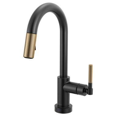 Click here to see Brizo 64943LF-BLGL Brizo Litze Smart Touch Pull-Down Prep Faucet With Arc Spout, Knurled Lever Handle, 1.8 GPM, Diamond Seal, MagneDock, Touch-Clean, Matte Black/Brilliance Luxe Gold - 64943LF-BLGL