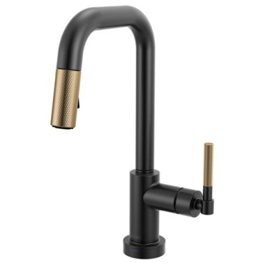 Click here to see Brizo 64953LF-BLGL Brizo Litze Smart Touch Pull-Down Prep Faucet With Square Spout, Knurled Lever Handle, 1.8 GPM, Diamond Seal, MagneDock, Touch-Clean, Matte Black/Brilliance Luxe Gold - 64953LF-BLGL