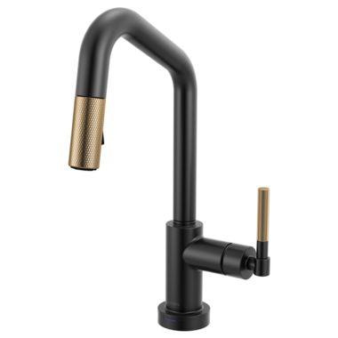 Click here to see Brizo 64963LF-BLGL Brizo Litze Smart Touch Pull-Down Prep Faucet With Angle Spout, Knurled Lever Handle, 1.8 GPM, Diamond Seal, MagneDock, Touch-Clean, Matte Black/Brilliance Luxe Gold - 64963LF-BLGL
