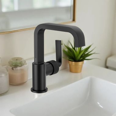 Click here to see Moen S5748BL Moen Cambium Single-Handle Bathroom Faucet, Duralast Cartridge, ADA, WaterSense, 1.2 GPM, Matte Black - S5748BL