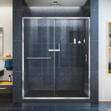 Click here to see Dreamline DL-6972C-88-01 DreamLine DL-6972C-88-01 Infinity-Z Clear Glass Sliding Shower Door, Center Drain Black Base - Chrome