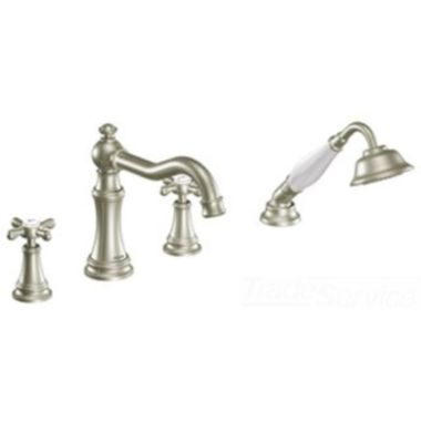 Click here to see Moen TS21102BN Moen Weymouth TS21102BN Two-Handle Diverter Roman Tub Faucet With Handheld Shower in Brushed Nickel