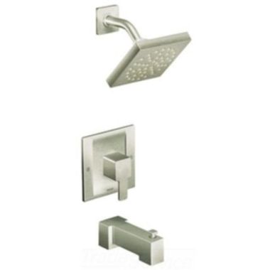 Click here to see Moen TS2713EPBN Moen 90 Degree Posi-Temp Tub/Shower Faucet with 1.75 GPM Rainshower, 1-Function, Single Lever Handle, M-PACT, Immersion, Brushed Nickel - TS2713EPBN