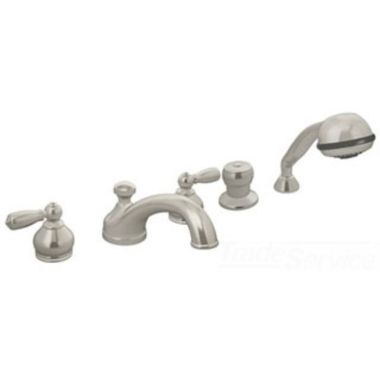 Click here to see Symmons SRT-4772-STN Symmons Allura Two-Handle Roman Tub Faucet with 2.0 GPM Three-Function Hand Shower and Push Button Diverter, Lever Handles, Satin Nickel - SRT-4772-STN