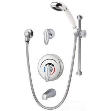 Click here to see Symmons 1-50-FSB Symmons Tub/Hand Shower Faucet with Slide Bar, Safetymix Pressure Balance Valve, 2 Lever Handles, 2.0 GPM, Polished Chrome - 1-50-FSB