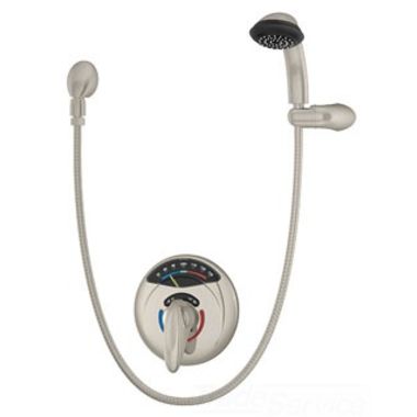 Click here to see Symmons 1-250VT-H401-V-STN Symmons Visu-Temp Clear-Vue Hand Shower System w/ Valve, 2 GPM, Satin NIckel - 1-250VT-H401-V-STN