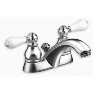 Click here to see American Standard 7411.732.295 American Standard Hampton Two-Handle Centerset Lavatory Faucet, 1.5 GPM, WaterSense, Porcelain Lever Handles, Satin Nickel, Brass - 7411.732.295