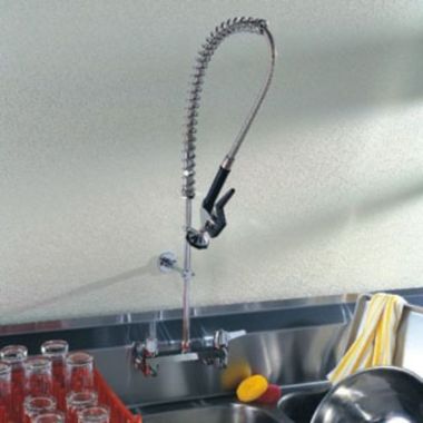 Click here to see Delta 55T1583 Delta 55T1583 TUF-TECK 8-Inch Wallmount Pre-Rinse Faucet, Spray Hose w/ Faucet, Lever Blade Handles